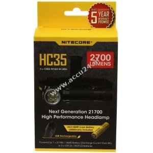 Nitecore HC35 hoofd- en voorhoofdslamp incl. nieuwe 21700 Li-Ion batterij, max. 2700 lumen